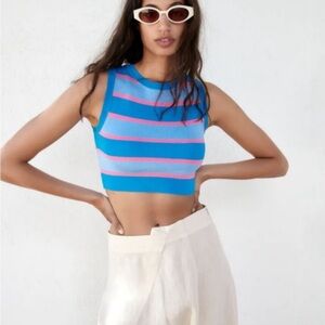 Zara Blue and Pink Striped Cropped Tank